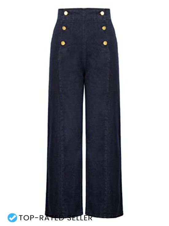 Denim - Wide Leg High Waisted Stretchy Jeans with Pockets Button Decorated Casual Denim